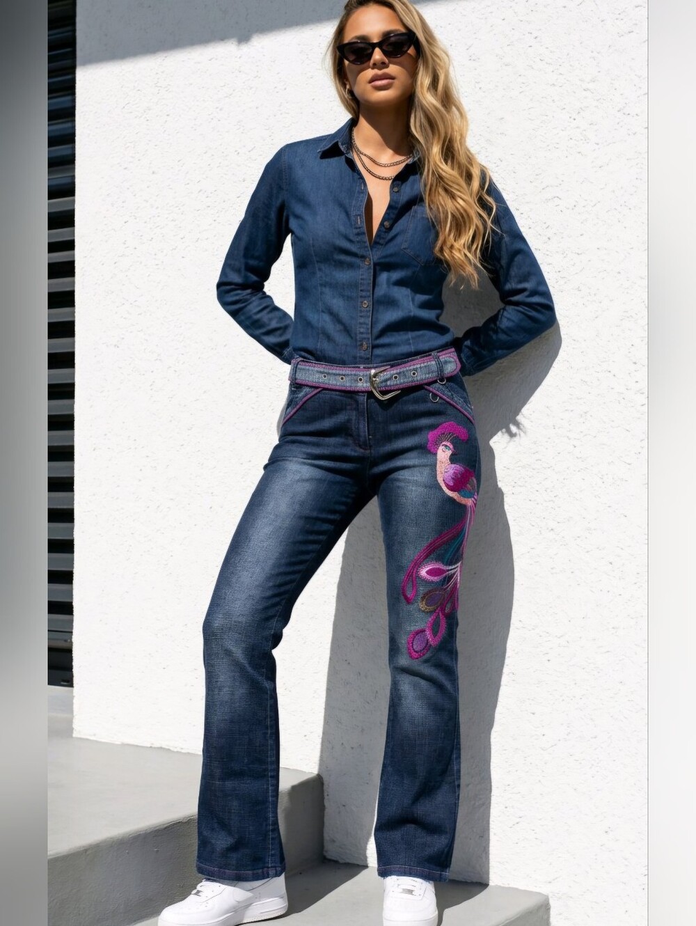 Embroidered Peacock Flare Jeans Dark Wash Belted Y2K Statement Denim Size 6